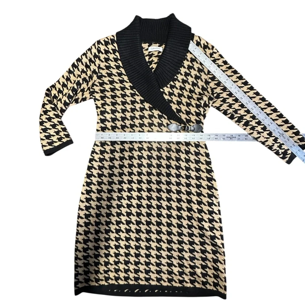 CALVIN KLEIN Black & Tan Houndstooth Sweater Dress Buckle STRETCH Women's Small - Picture 6 of 8